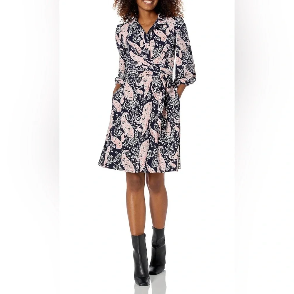 Vince Camuto Women's Collared V-Neck Knee Length Wrap Dress - Picture 3 of 7